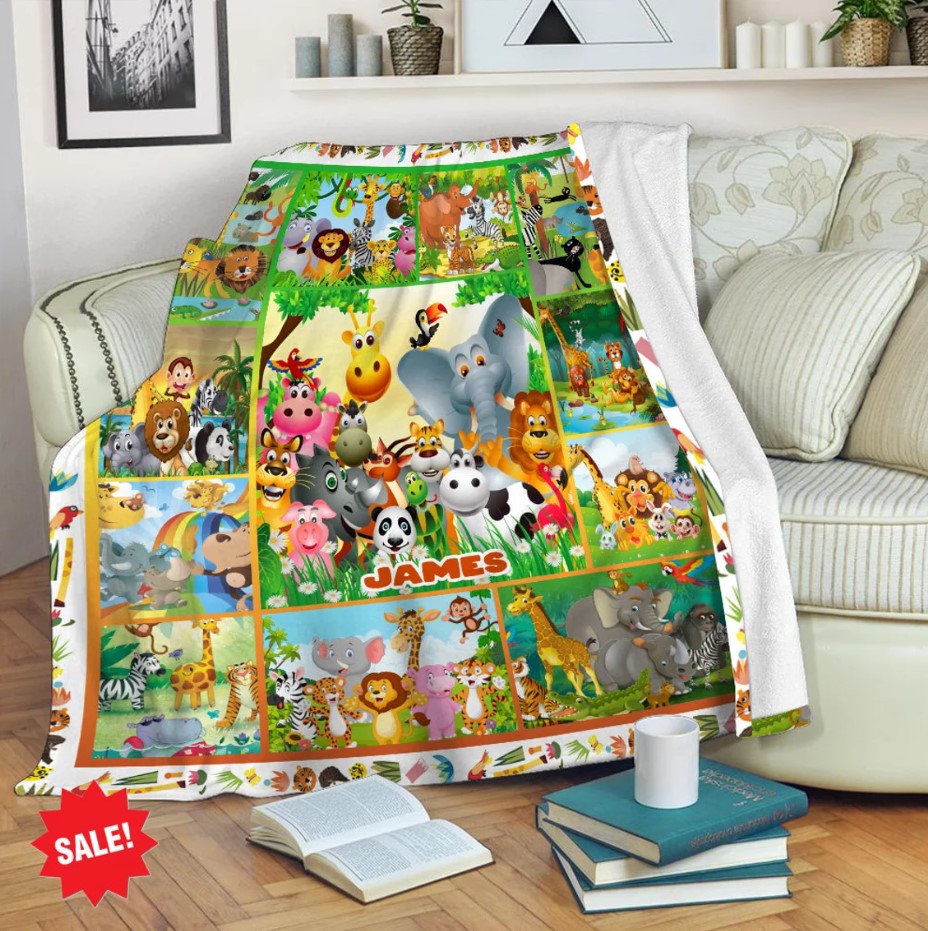 Personalized Safari Animals Fleece Blanket Jungle Animals Custom Blanket Safari Animals Baby Quilt Blankets Safari Theme Blanket